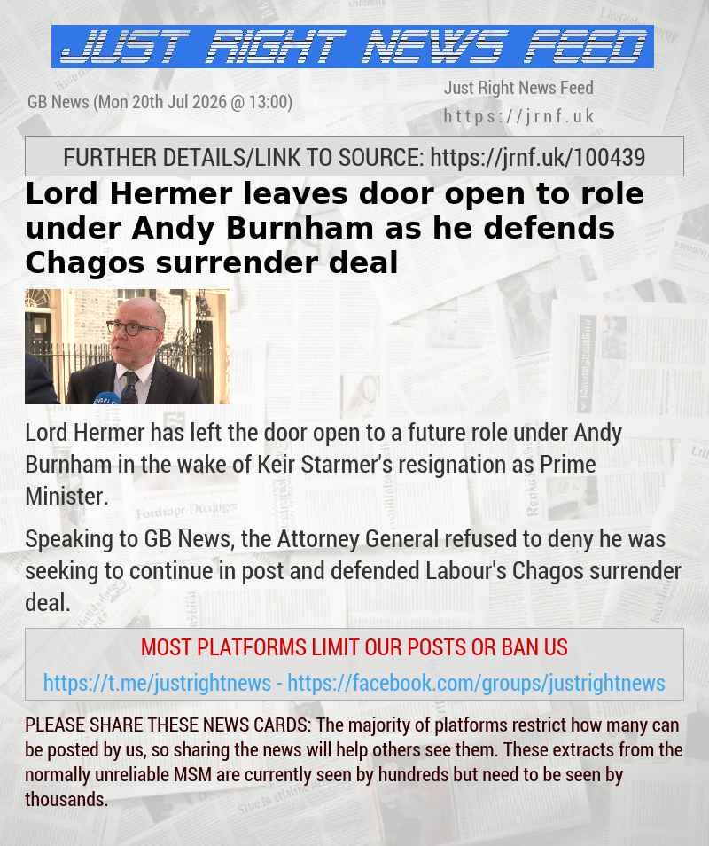 Lord Hermer leaves door open to role under Andy Burnham as he defends Chagos surrender deal
