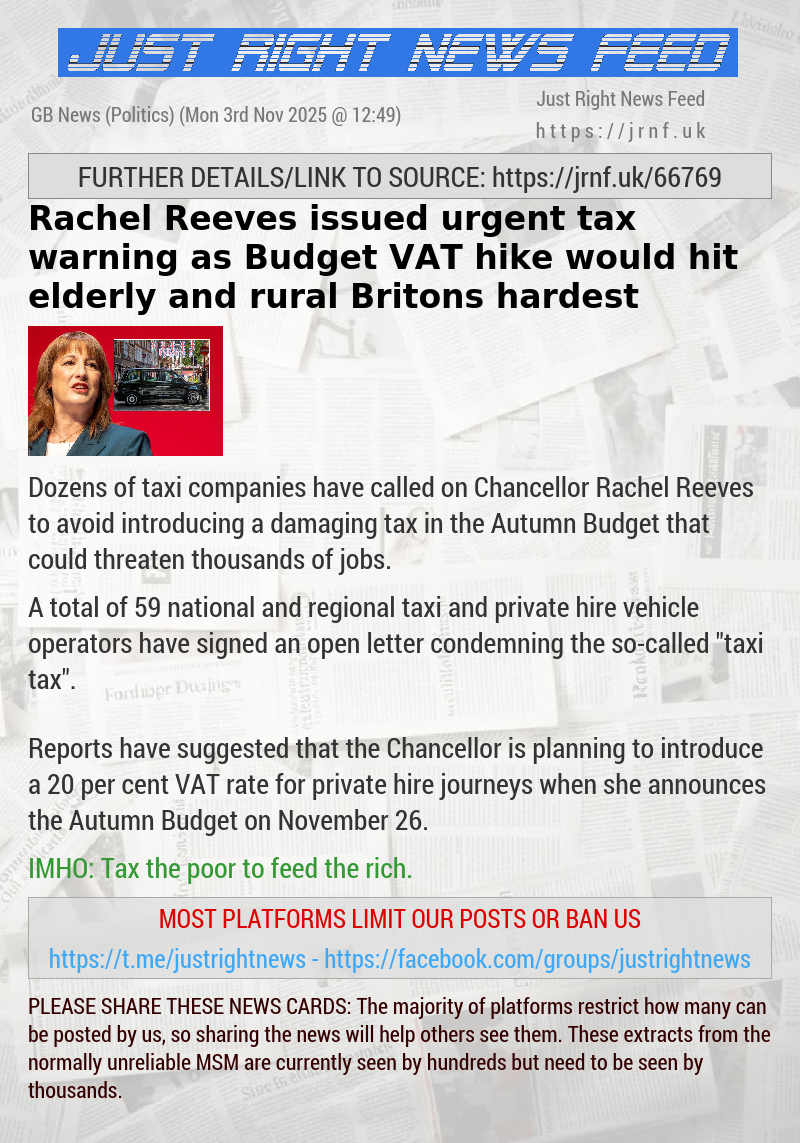 Rachel Reeves issued urgent tax warning as Budget VAT hike would hit elderly and rural Britons hardest