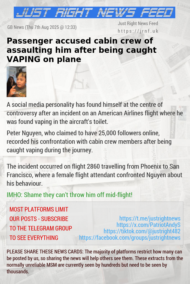 Passenger accused cabin crew of assaulting him after being caught VAPING on plane