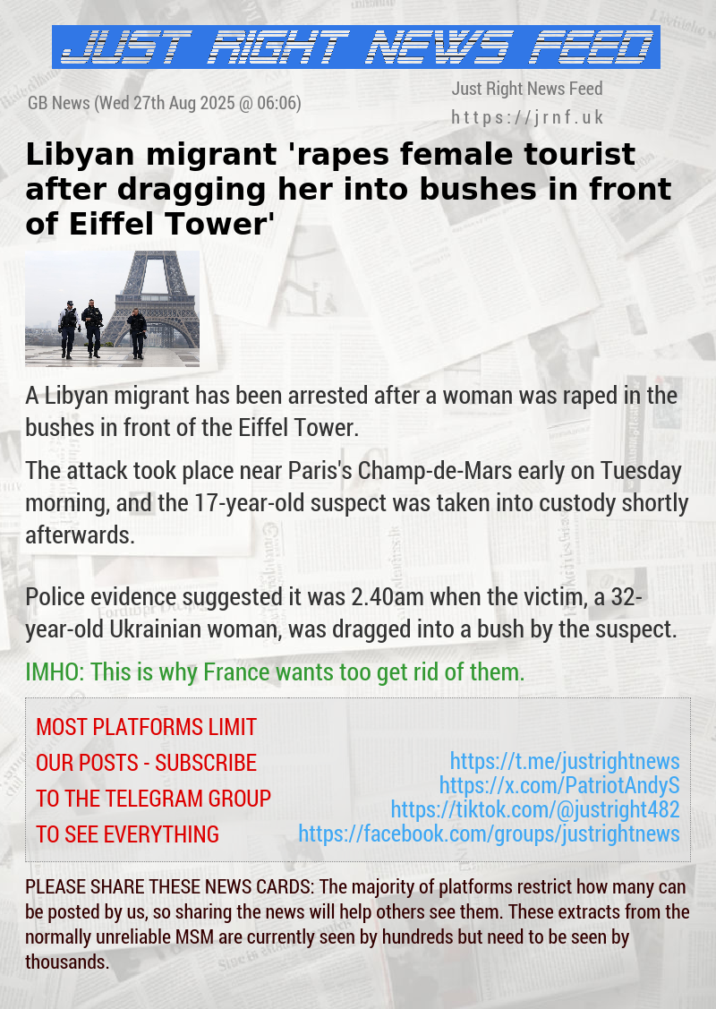 Libyan migrant ’rapes female tourist after dragging her into bushes in front of Eiffel Tower’