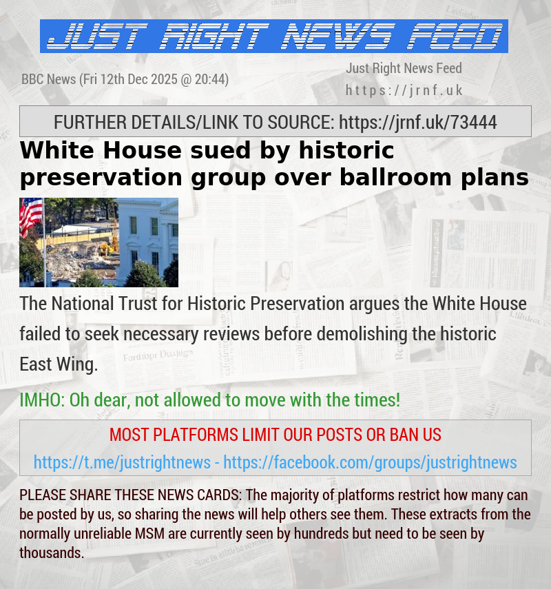 White House sued by historic preservation group over ballroom plans