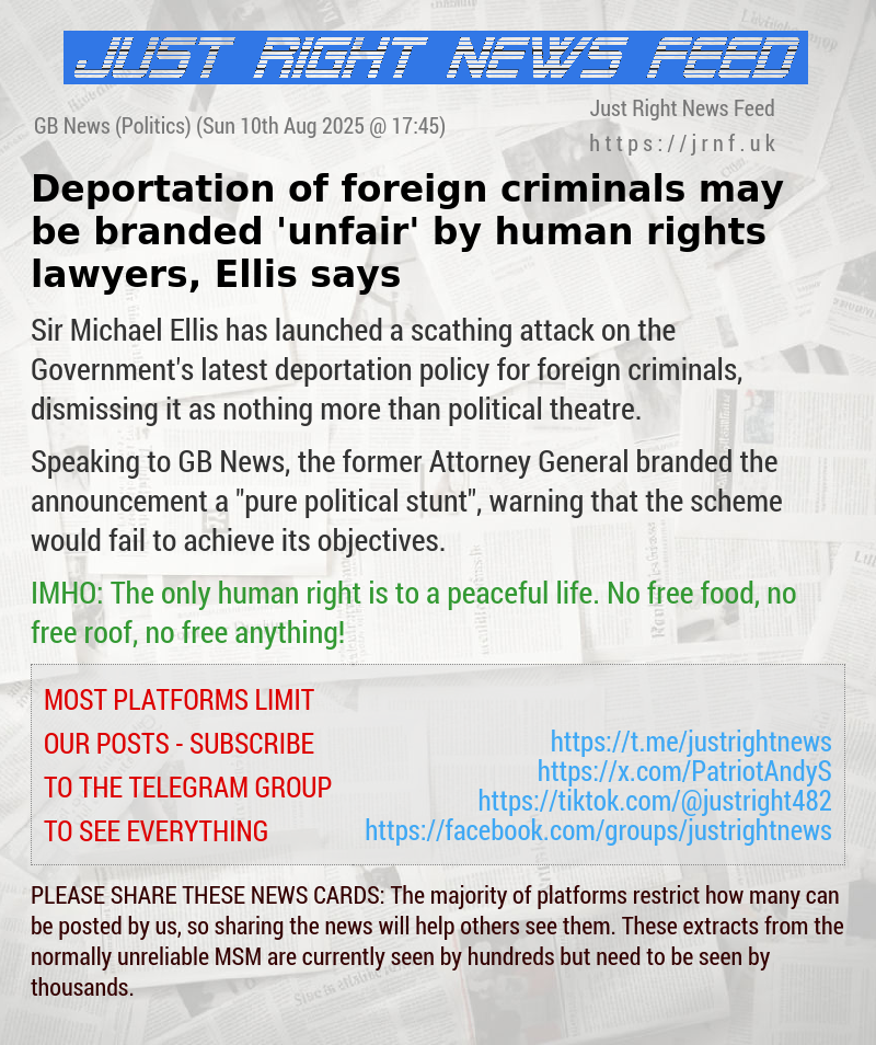 Deportation of foreign criminals may be branded ’unfair’ by human rights lawyers, Ellis says