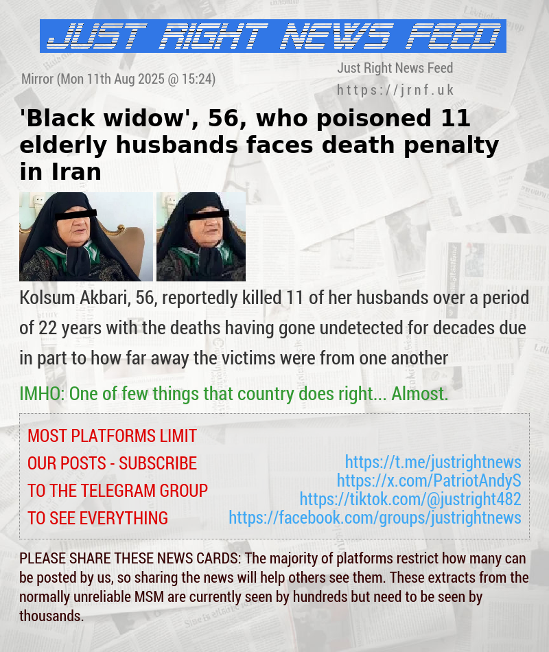 ’Black widow’, 56, who poisoned 11 elderly husbands faces death penalty in Iran