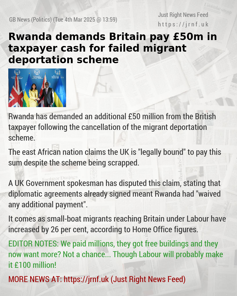 Rwanda demands Britain pay £50m in taxpayer cash for failed migrant deportation scheme