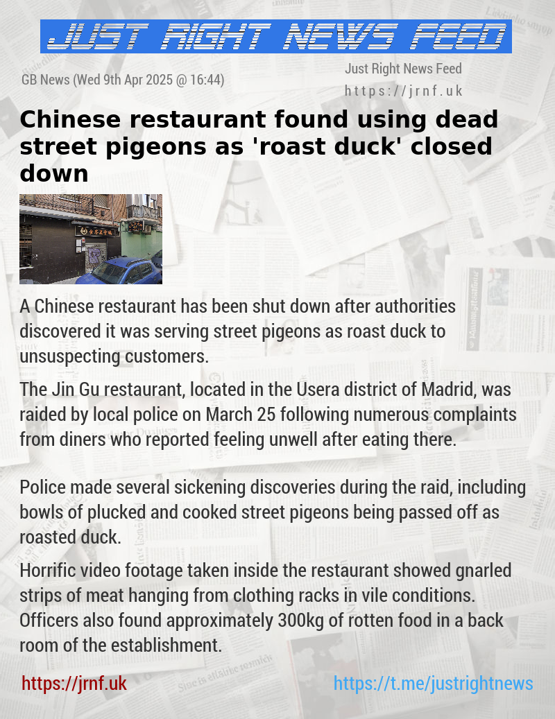 Chinese restaurant found using dead street pigeons as ’roast duck’ closed down