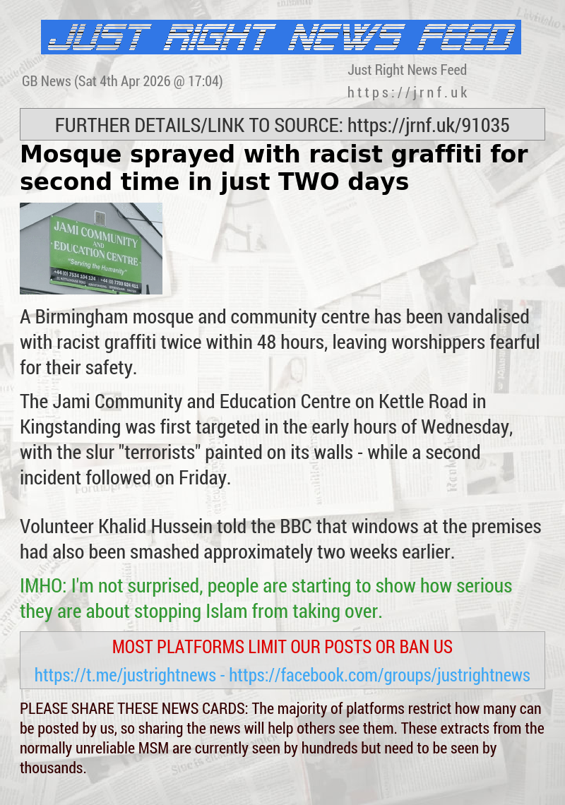 Mosque sprayed with racist graffiti for second time in just TWO days