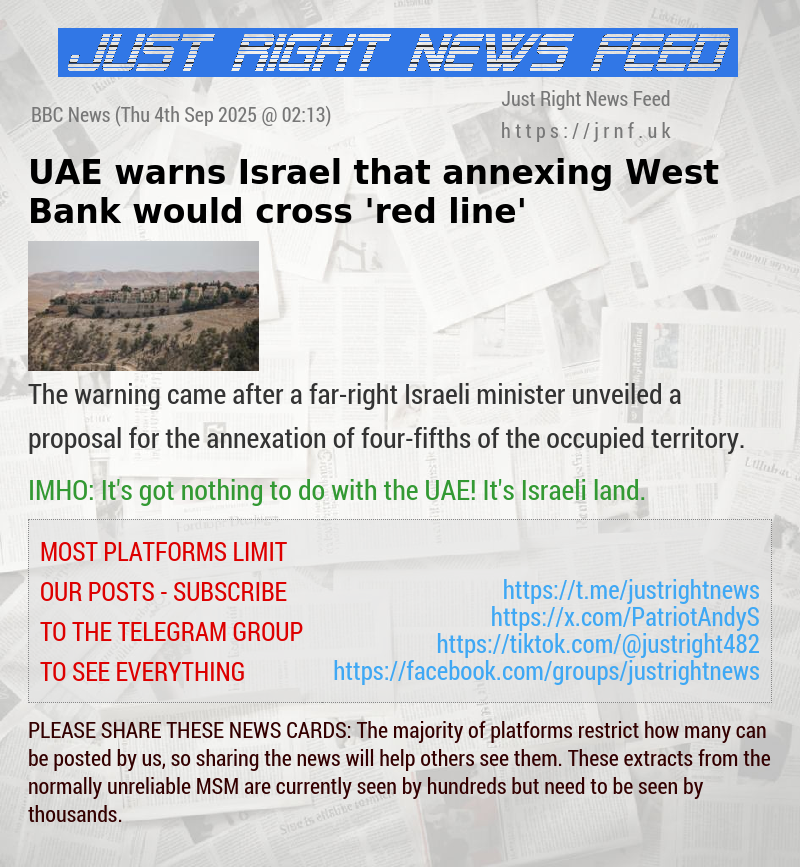UAE warns Israel that annexing West Bank would cross ’red line’