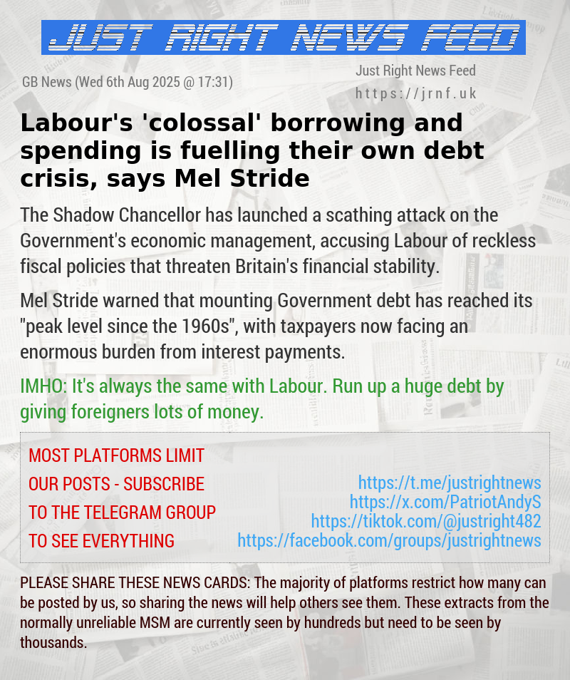 Labour’s ’colossal’ borrowing and spending is fuelling their own debt crisis, says Mel Stride