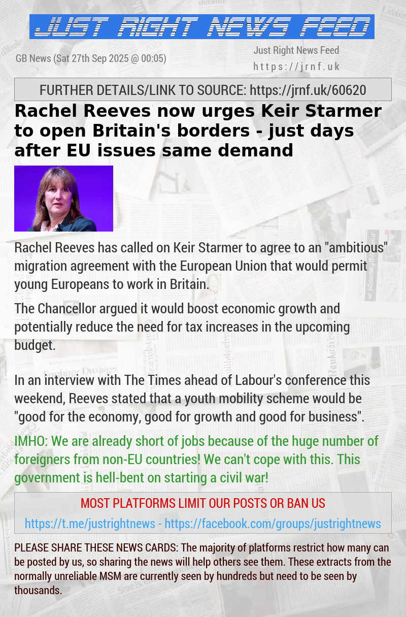 Rachel Reeves now urges Keir Starmer to open Britain’s borders — just days after EU issues same demand