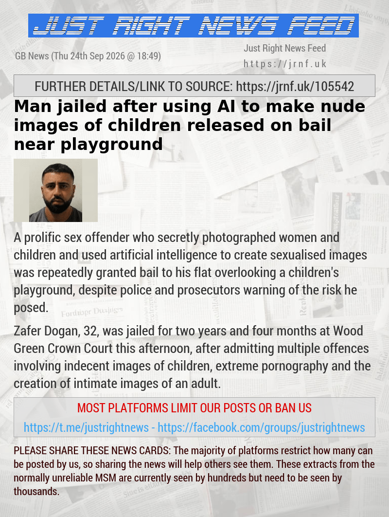 Man jailed after using AI to make nude images of children released on bail near playground