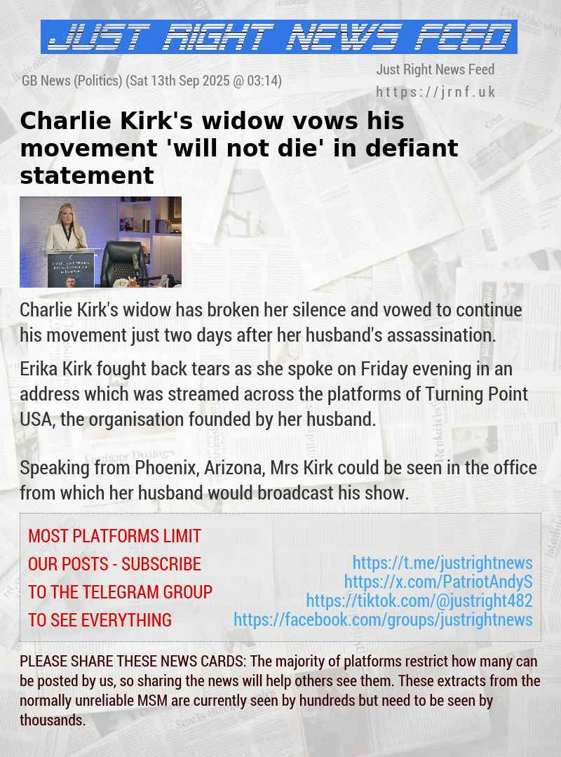 Charlie Kirk’s widow vows his movement ’will not die’ in defiant statement
