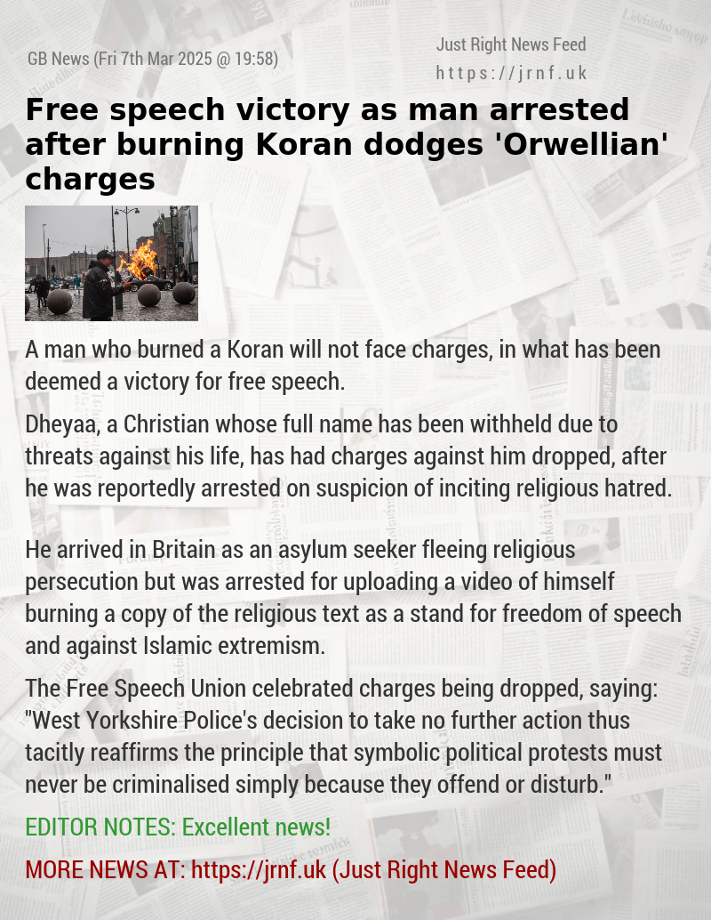 Free speech victory as man arrested after burning Koran dodges ’Orwellian’ charges