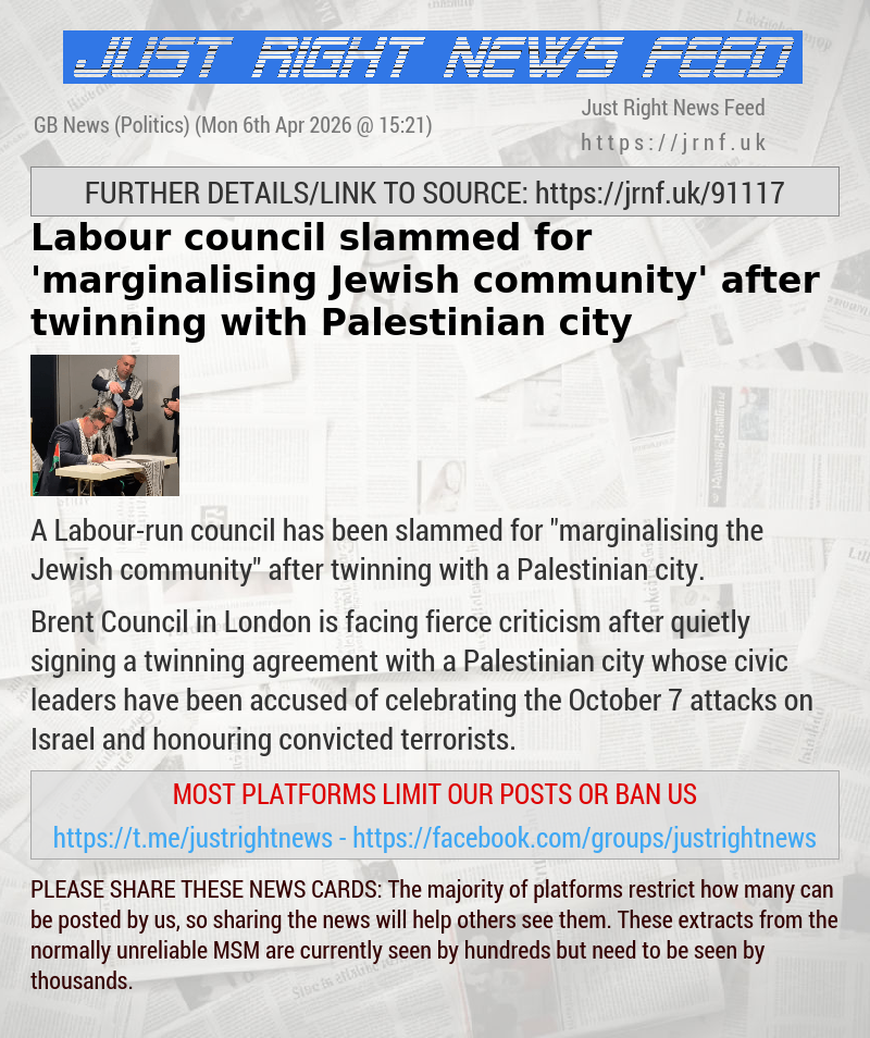 Labour council slammed for ’marginalising Jewish community’ after twinning with Palestinian city