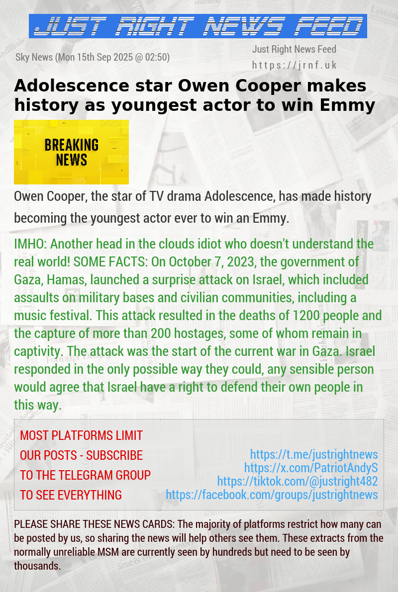 Adolescence star Owen Cooper makes history as youngest actor to win Emmy