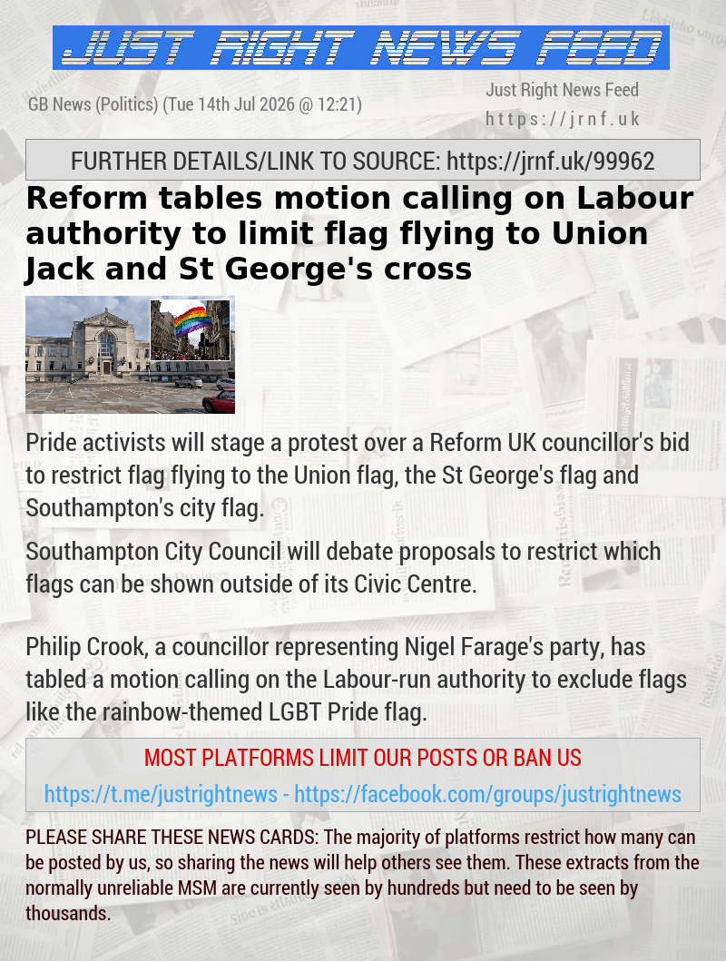 Reform tables motion calling on Labour authority to limit flag flying to Union Jack and St George’s cross