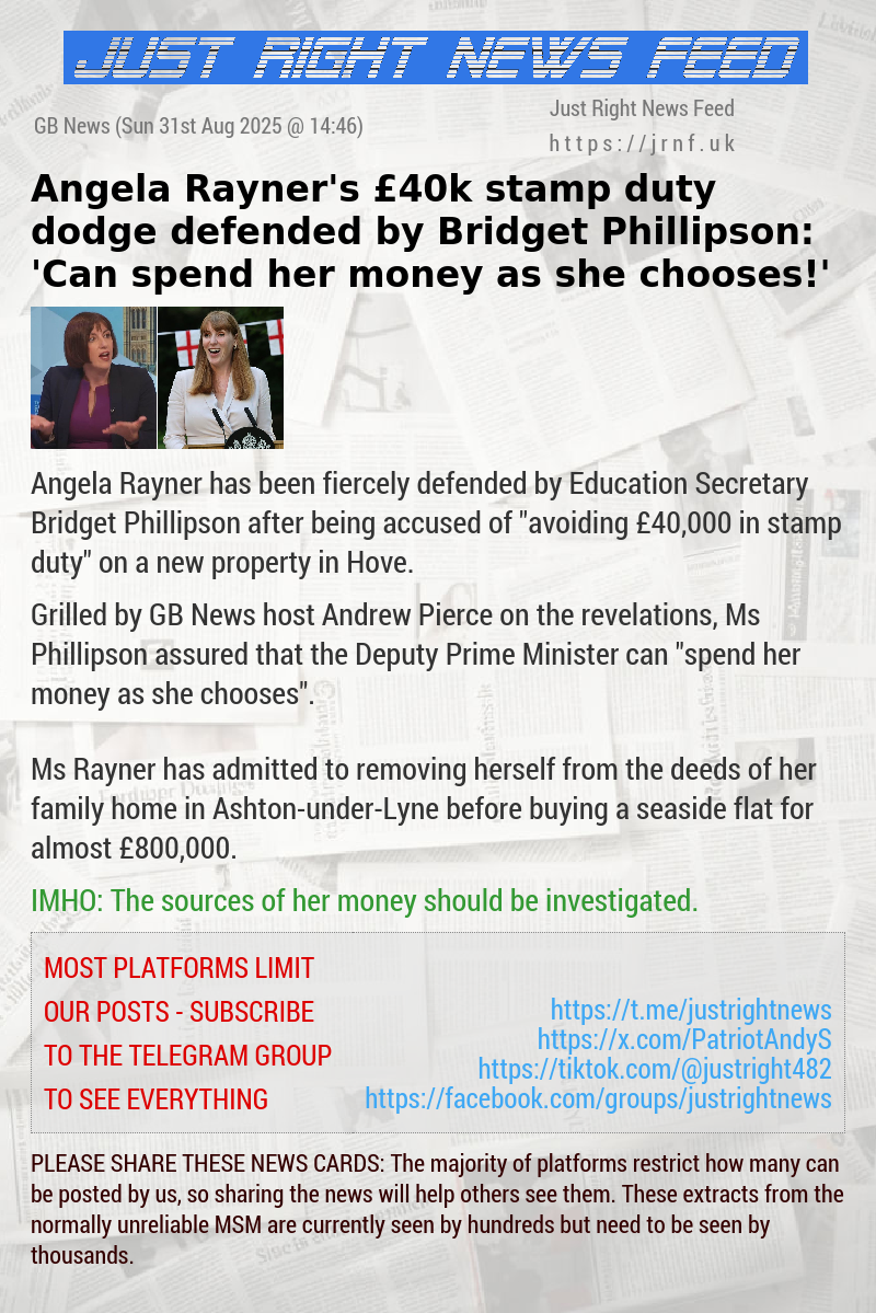 Angela Rayner’s £40k stamp duty dodge defended by Bridget Phillipson: ’Can spend her money as she chooses!’