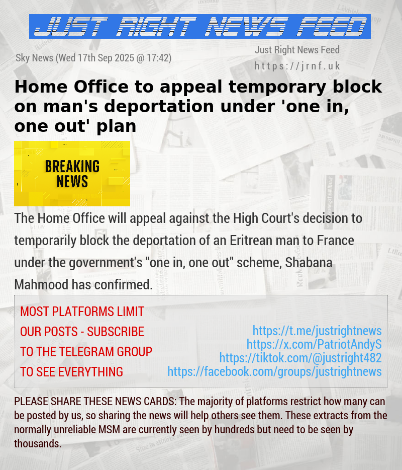 Home Office to appeal temporary block on man’s deportation under ’one in, one out’ plan