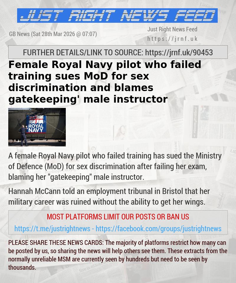 Female Royal Navy pilot who failed training sues MoD for sex discrimination and blames ‘gatekeeping’ male instructor