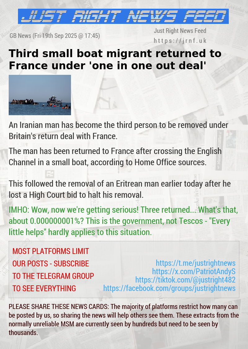 Third small boat migrant returned to France under ’one in one out deal’