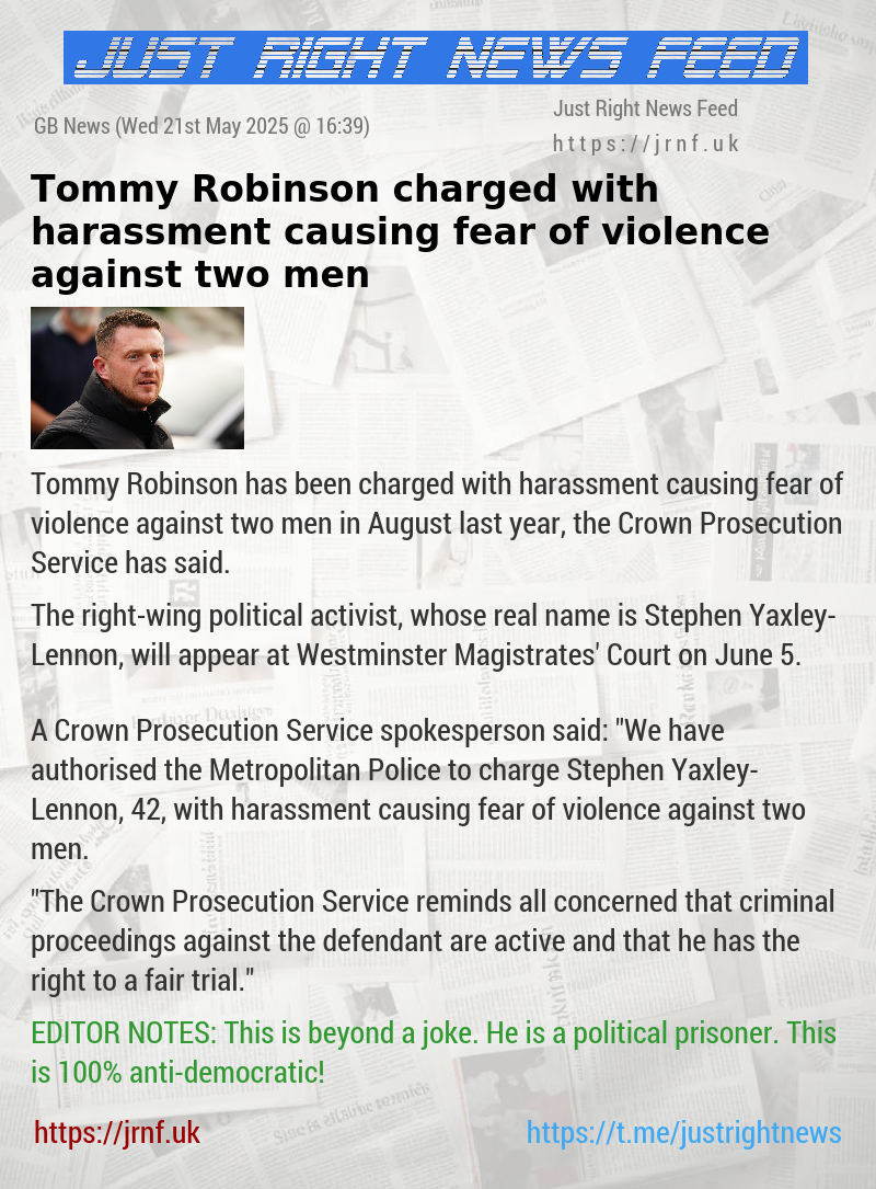 Tommy Robinson charged with harassment causing fear of violence against two men