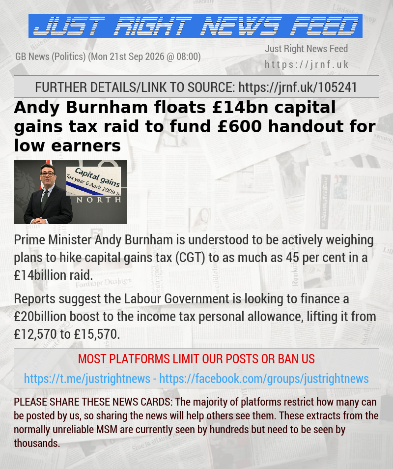 Andy Burnham floats &pound;14bn capital gains tax raid to fund &pound;600 handout for low earners