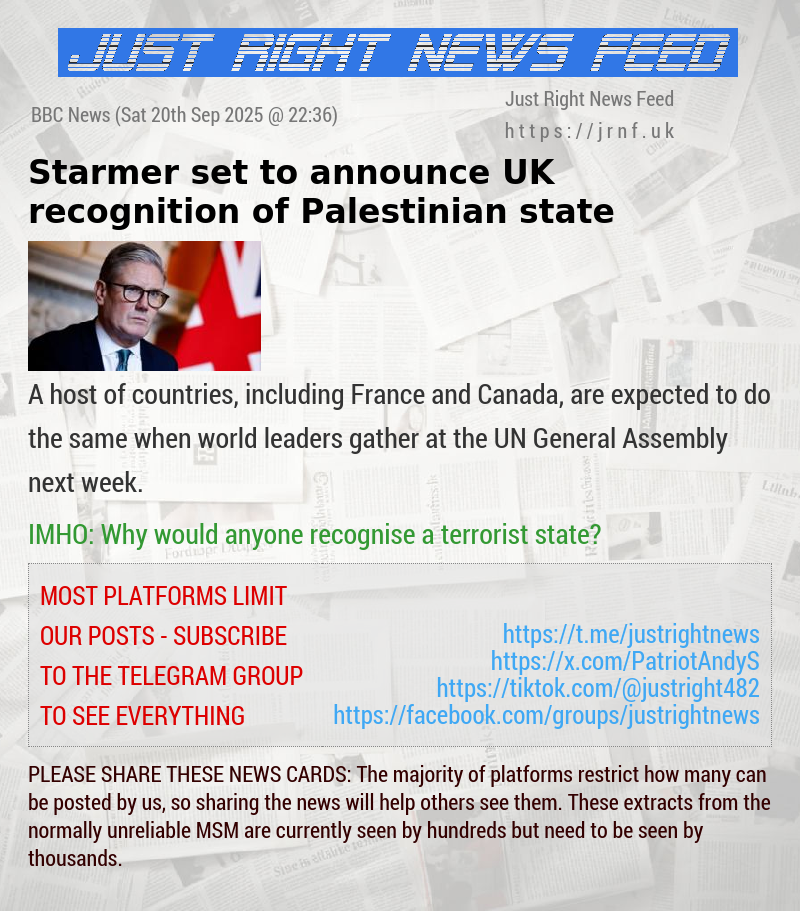 Starmer set to announce UK recognition of Palestinian state