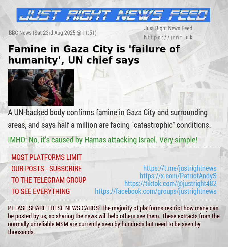 Famine in Gaza City is ’failure of humanity’, UN chief says