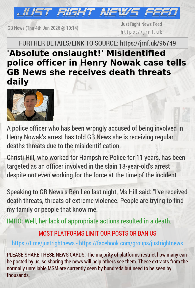 ’Absolute onslaught!’ Misidentified police officer in Henry Nowak case tells GB News she receives death threats daily
