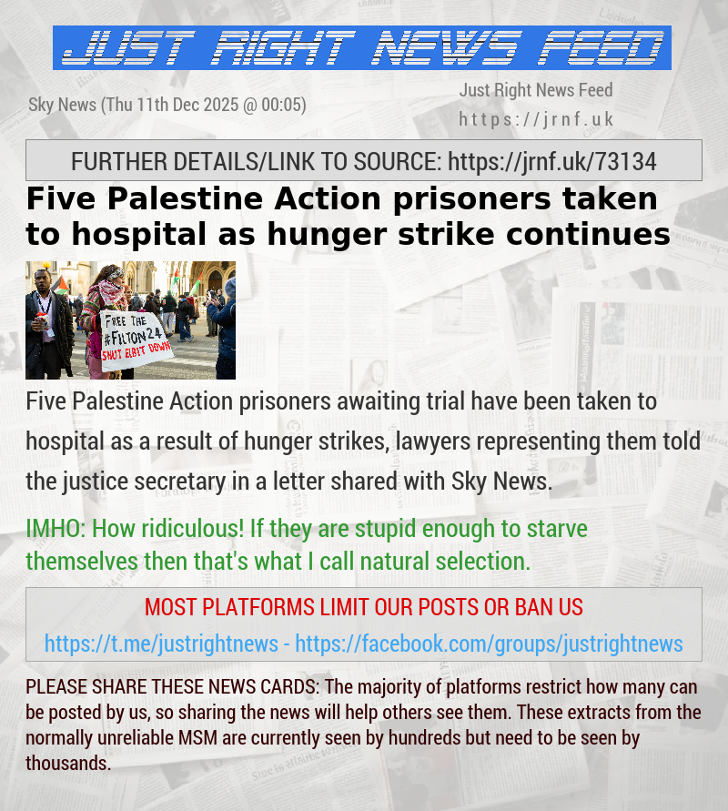 Five Palestine Action prisoners taken to hospital as hunger strike continues