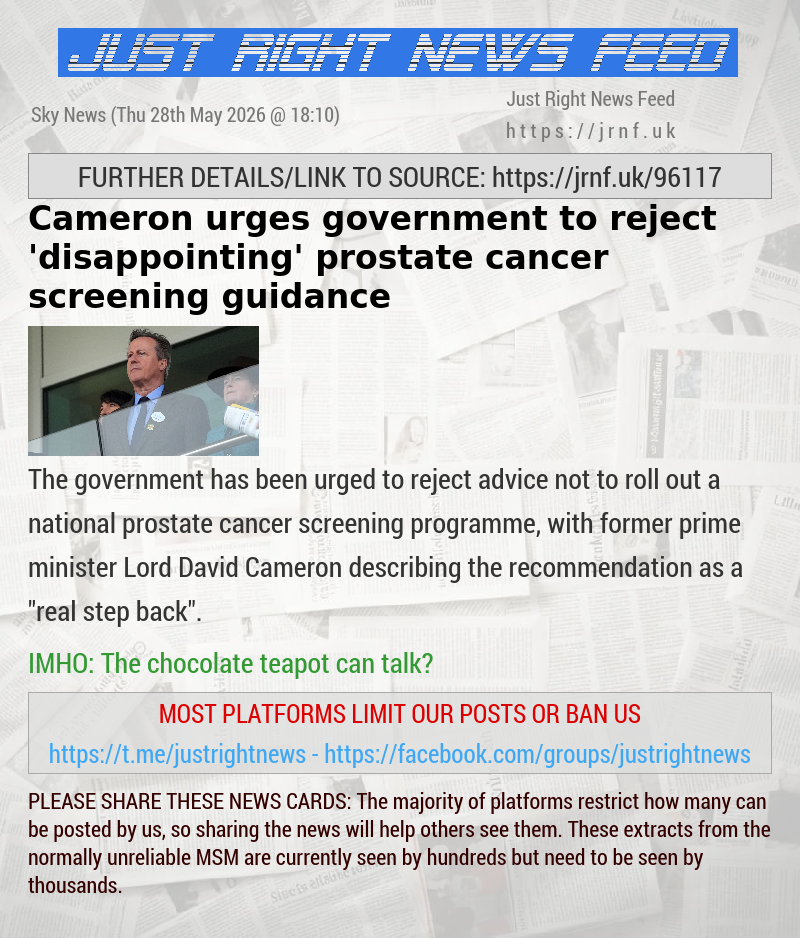 Cameron urges government to reject ’disappointing’ prostate cancer screening guidance 