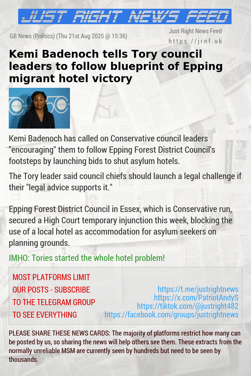 Kemi Badenoch tells Tory council leaders to follow blueprint of Epping migrant hotel victory