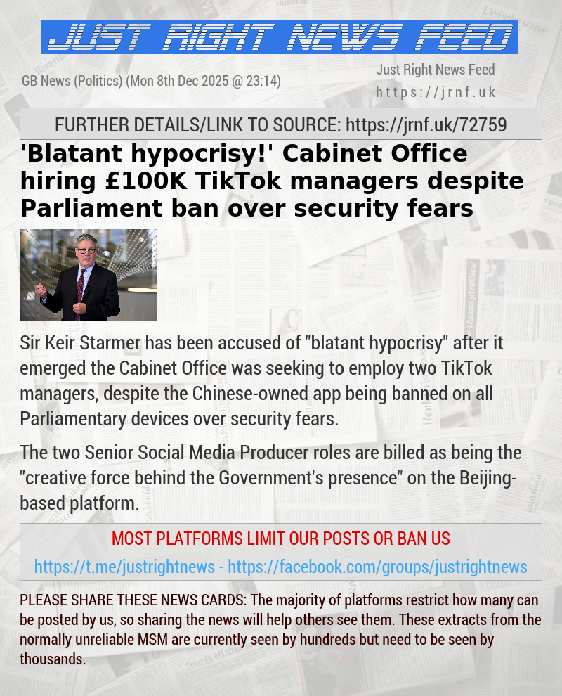 ’Blatant hypocrisy!’ Cabinet Office hiring &pound;100K TikTok managers despite Parliament ban over security fears