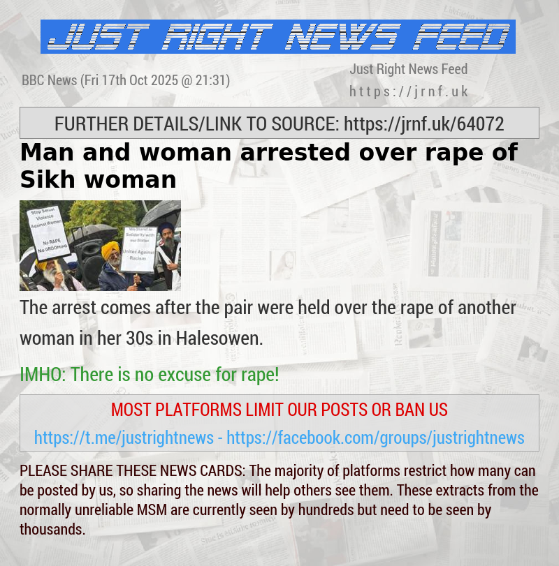 Man and woman arrested over rape of Sikh woman