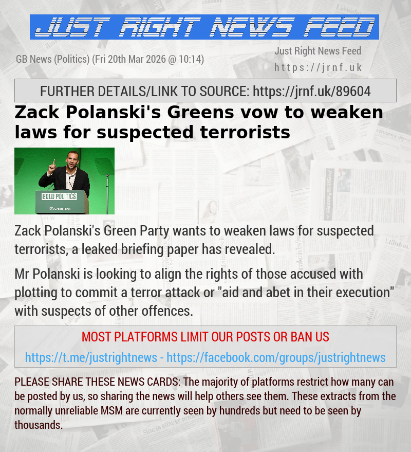 Zack Polanski’s Greens vow to weaken laws for suspected terrorists