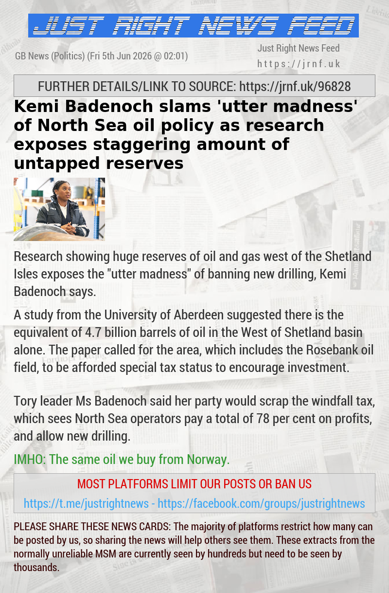 Kemi Badenoch slams ’utter madness’ of North Sea oil policy as research exposes staggering amount of untapped reserves