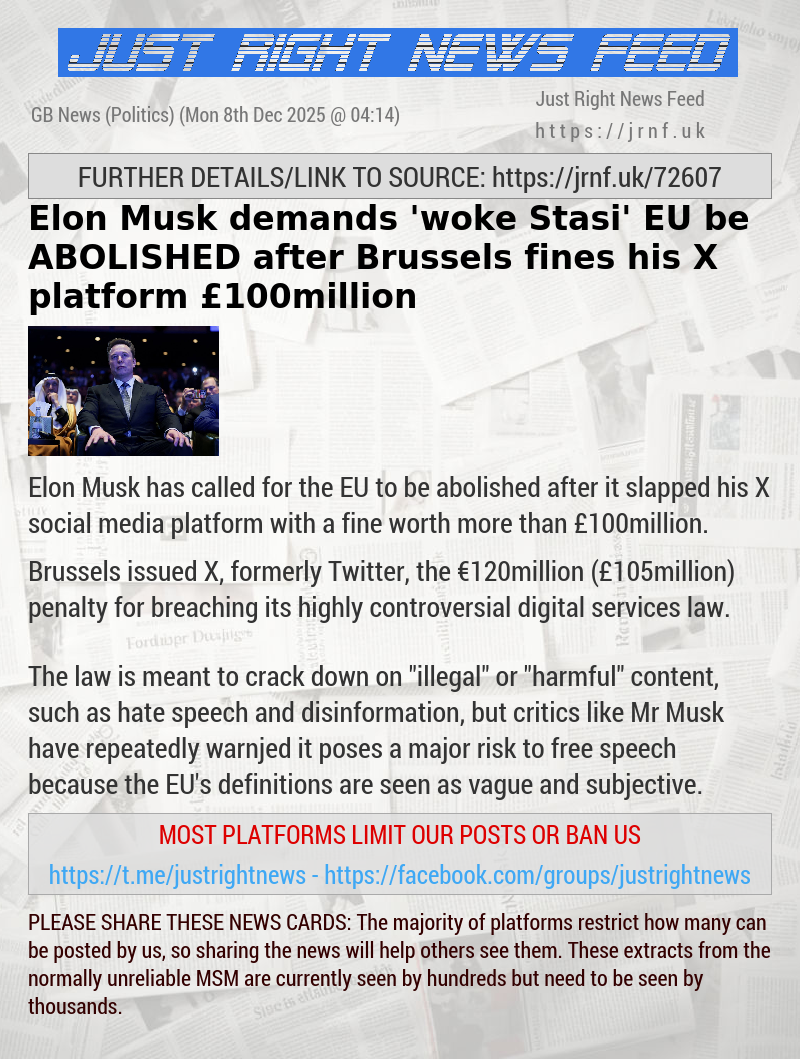Elon Musk demands ’woke Stasi’ EU be ABOLISHED after Brussels fines his X platform &pound;100million