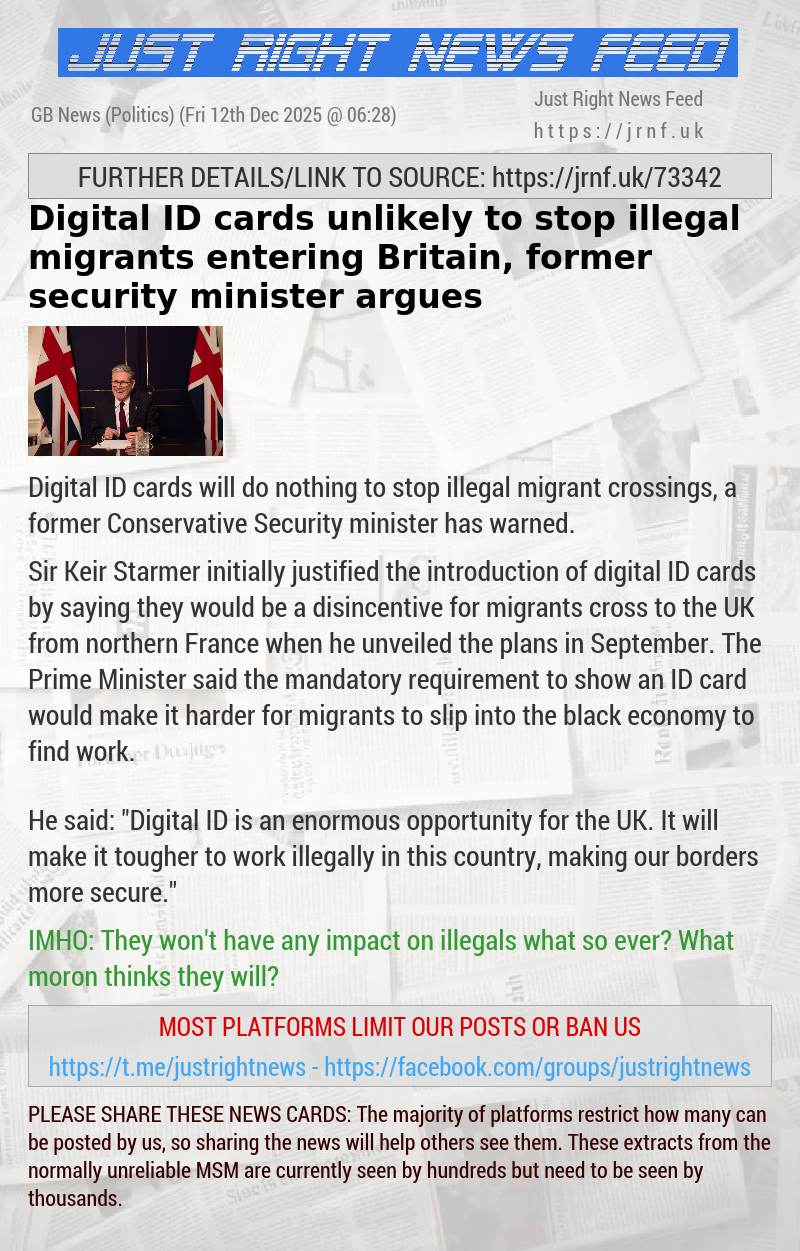 Digital ID cards unlikely to stop illegal migrants entering Britain, former security minister argues