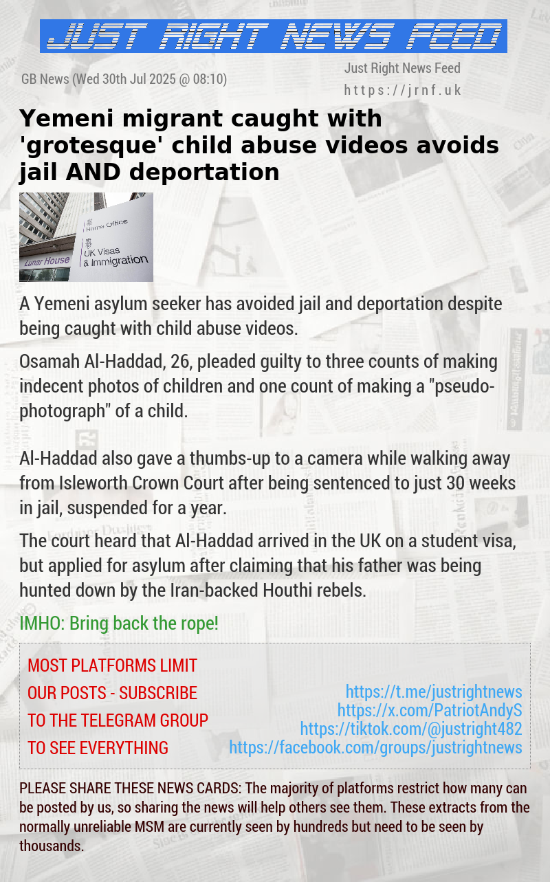 Yemeni migrant caught with ’grotesque’ child abuse videos avoids jail AND deportation