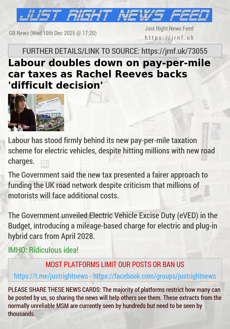 Labour doubles down on pay—per—mile car taxes as Rachel Reeves backs ’difficult decision’