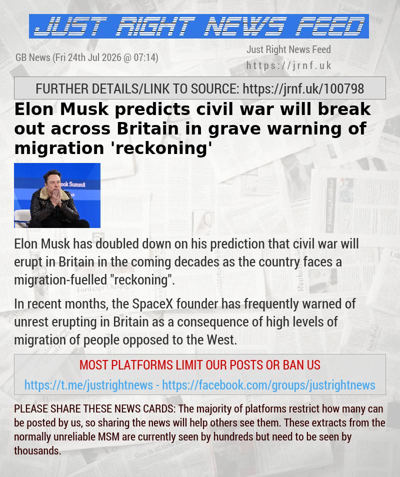 Elon Musk predicts civil war will break out across Britain in grave warning of migration ’reckoning’