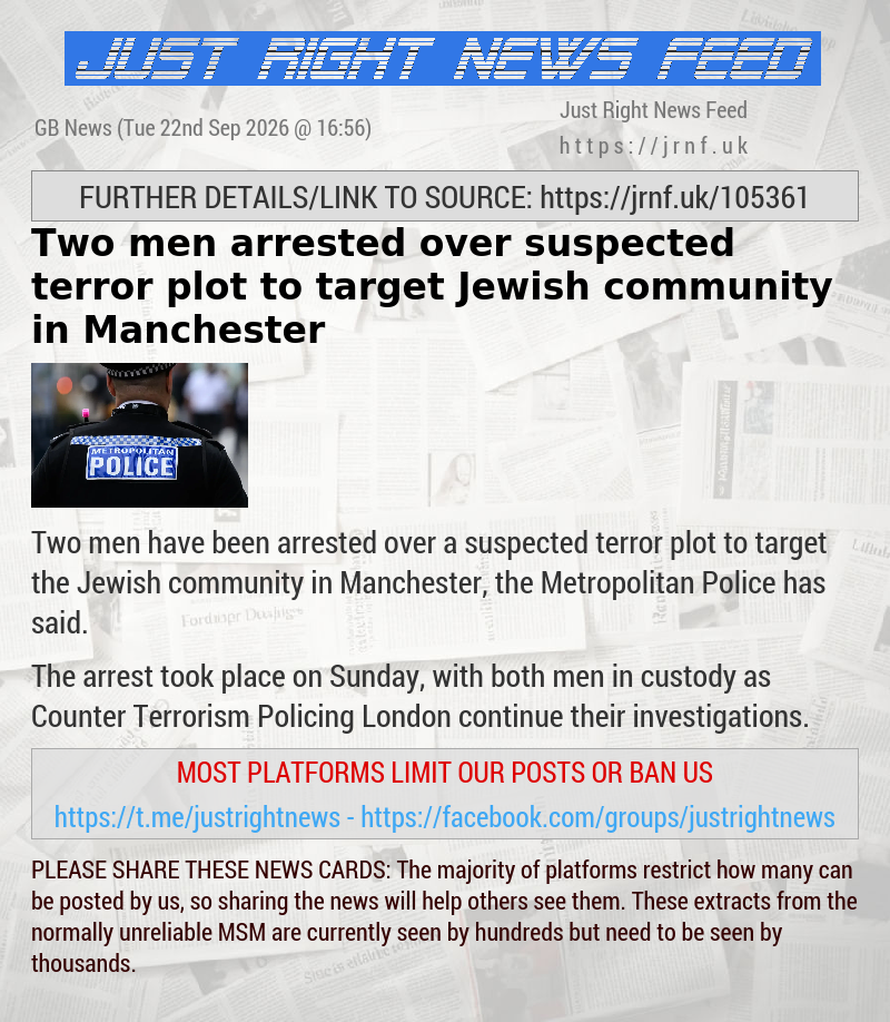 Two men arrested over suspected terror plot to target Jewish community in Manchester