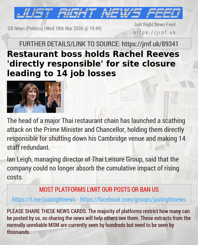 Restaurant boss holds Rachel Reeves ’directly responsible’ for site closure leading to 14 job losses