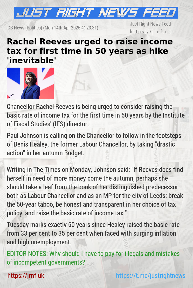Rachel Reeves urged to raise income tax for first time in 50 years as hike ’inevitable’