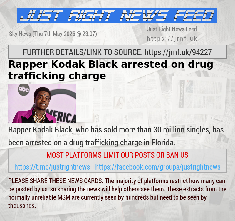 Rapper Kodak Black arrested on drug trafficking charge