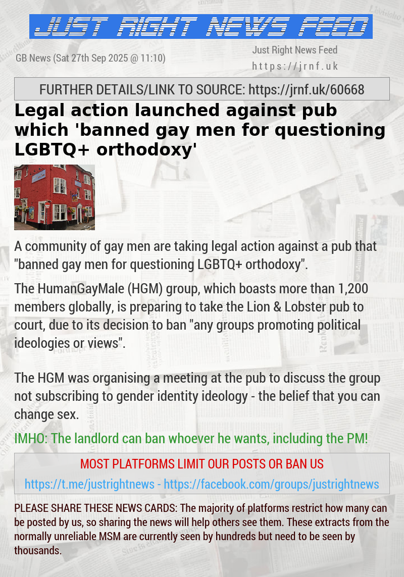 Legal action launched against pub which ’banned gay men for questioning LGBTQ+ orthodoxy’