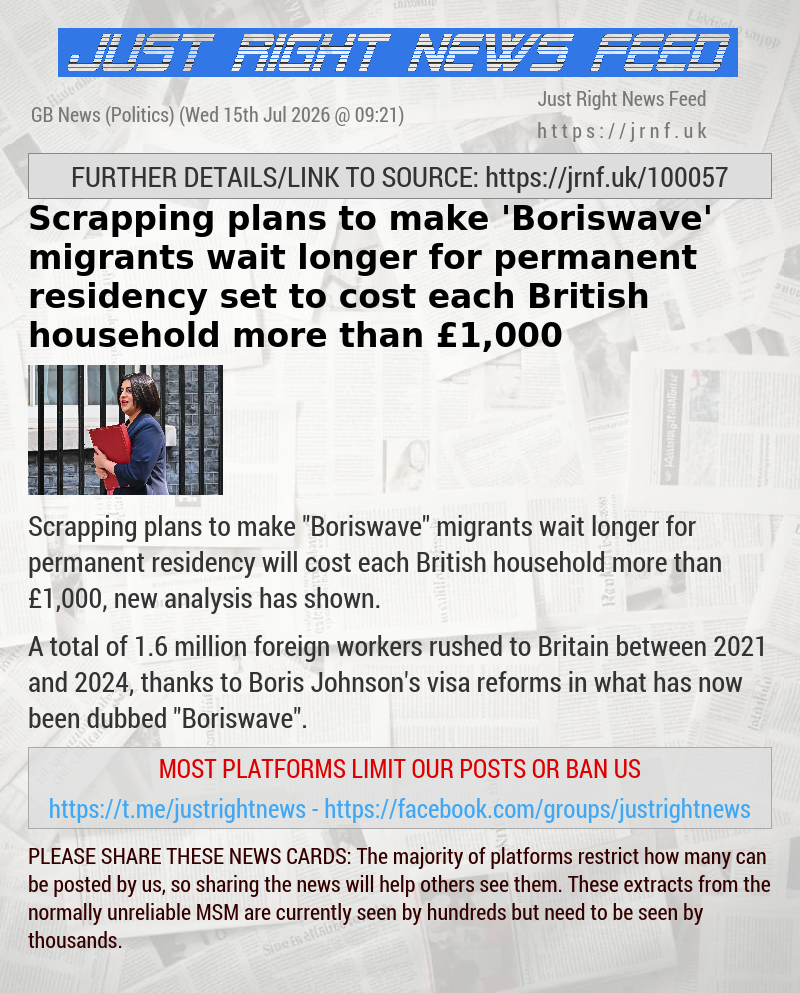Scrapping plans to make ’Boriswave’ migrants wait longer for permanent residency set to cost each British household more than &pound;1,000