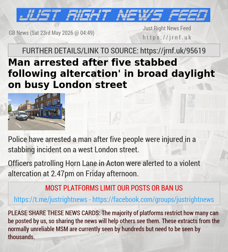 Man arrested after five stabbed following ‘altercation’ in broad daylight on busy London street