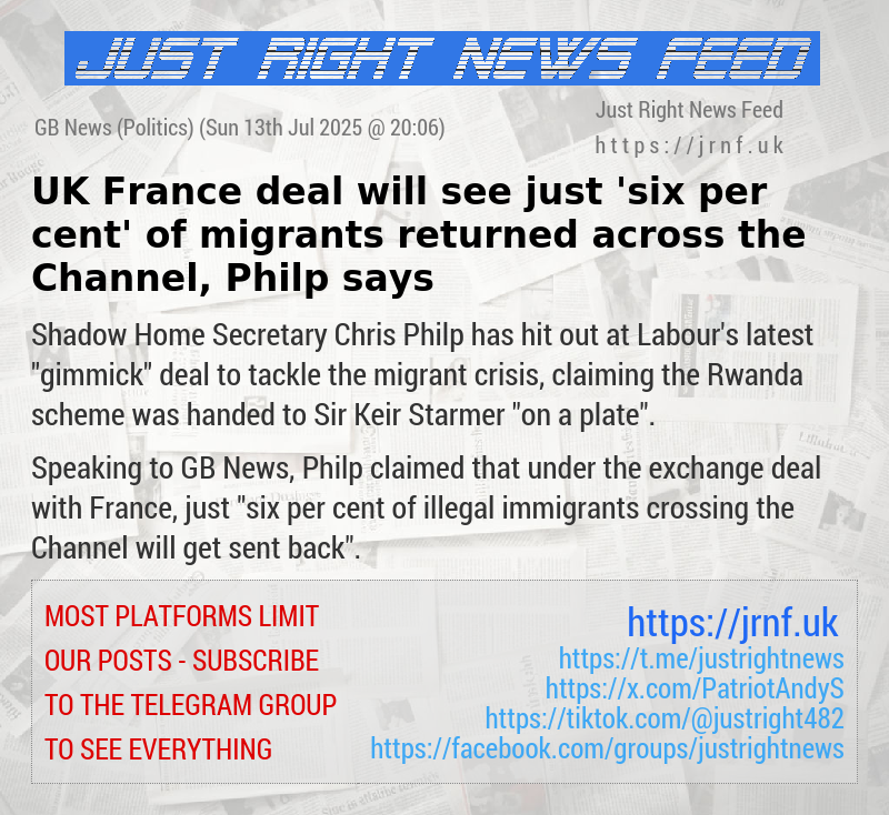 UK—France deal will see just ’six per cent’ of migrants returned across the Channel, Philp says