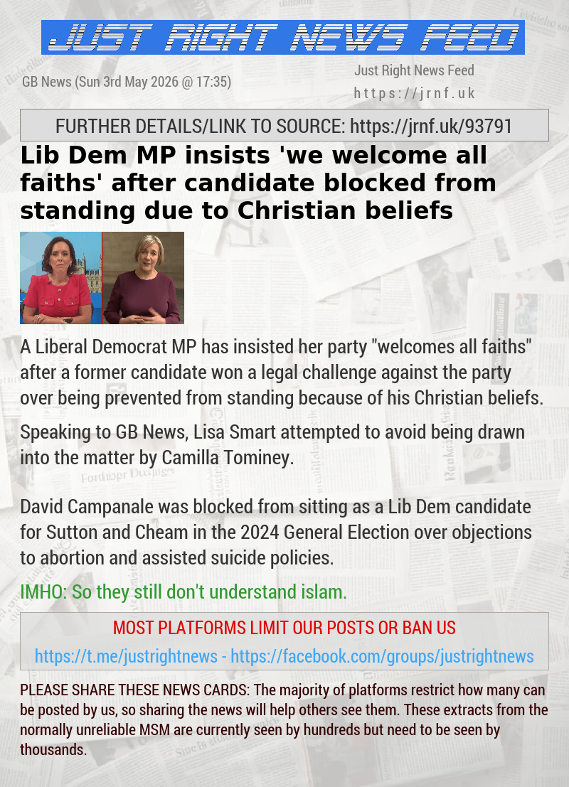 Lib Dem MP insists ‘we welcome all faiths’ after candidate blocked from standing due to Christian beliefs