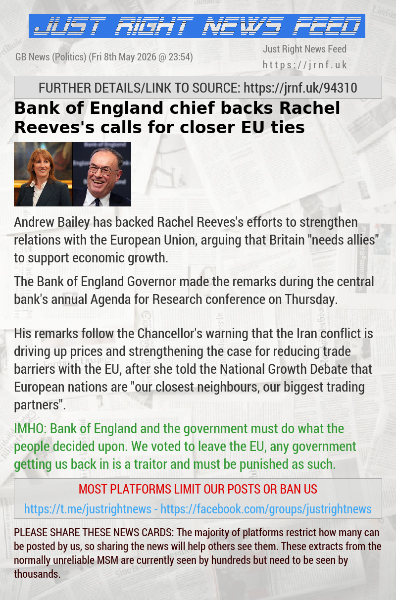 Bank of England chief backs Rachel Reeves’s calls for closer EU ties